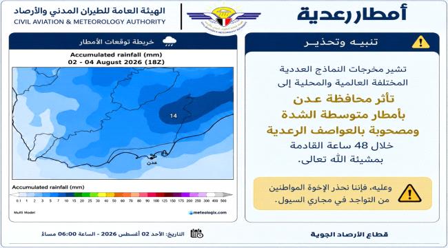 الأرصاد تحذر من أمطار رعدية على عدن وتدعو إلى تجنب مجاري السيول ...