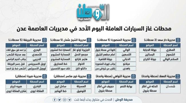 أسماء 24 محطة غاز سيارات ستفتح أبوابها اليوم الأحد في عدن 